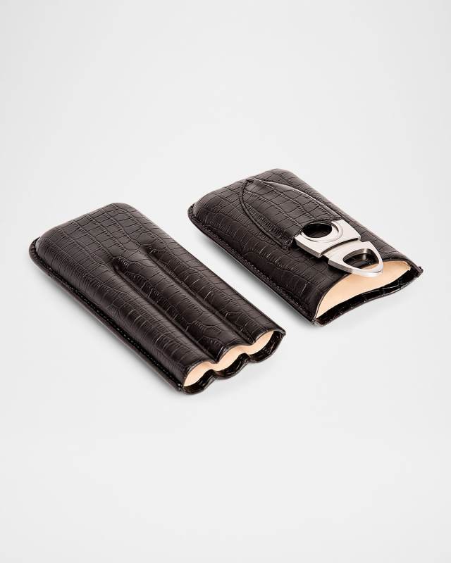 Croc-Embossed Leather Triple Cigar Holder